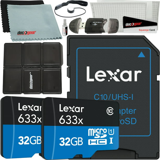 64GB Total Lexar Pack of 2 High-Performance 633x 32GB MicroSDHC UHS-I Memory Cards with SD Adapter LSDMI32GBBNL633A Bundle w/Deco Gear SD Reader & Storage Case Microfiber Cloth & Accessories 
